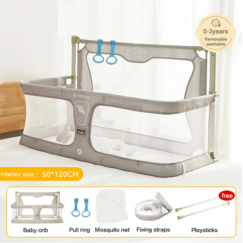 Babybed - Co-sleeper Wieg - Wieg - Dubbel Gebruik - Opvouwbaar - Ledikant - met Bedrand Bescherming - met Klamboe - Beige - QUORE