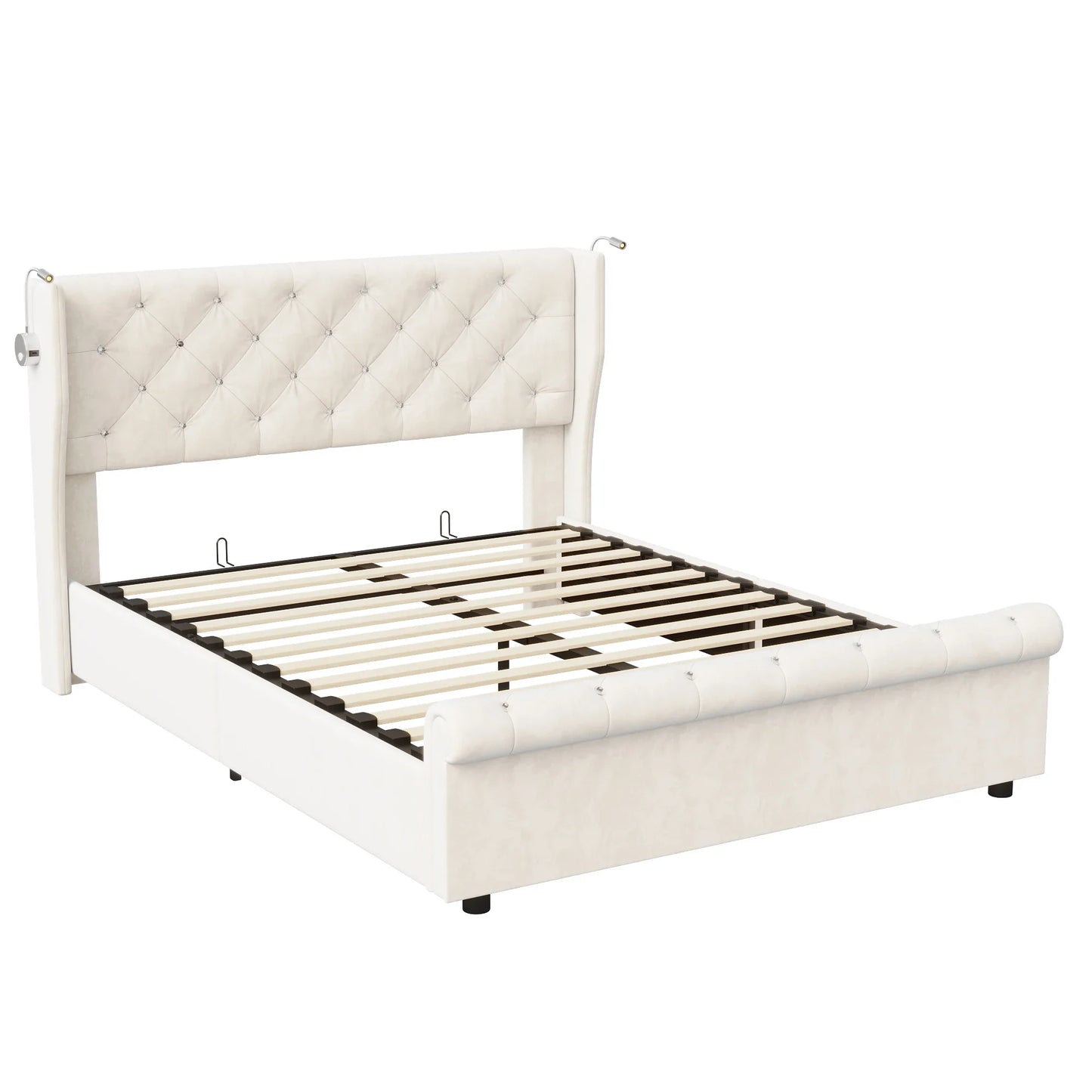 Bed – Slaapbed – Opbergbed – Fluwelen Bed – Led Verlichting – Hydraulisch Opbergvak – Stevig Houten Frame
