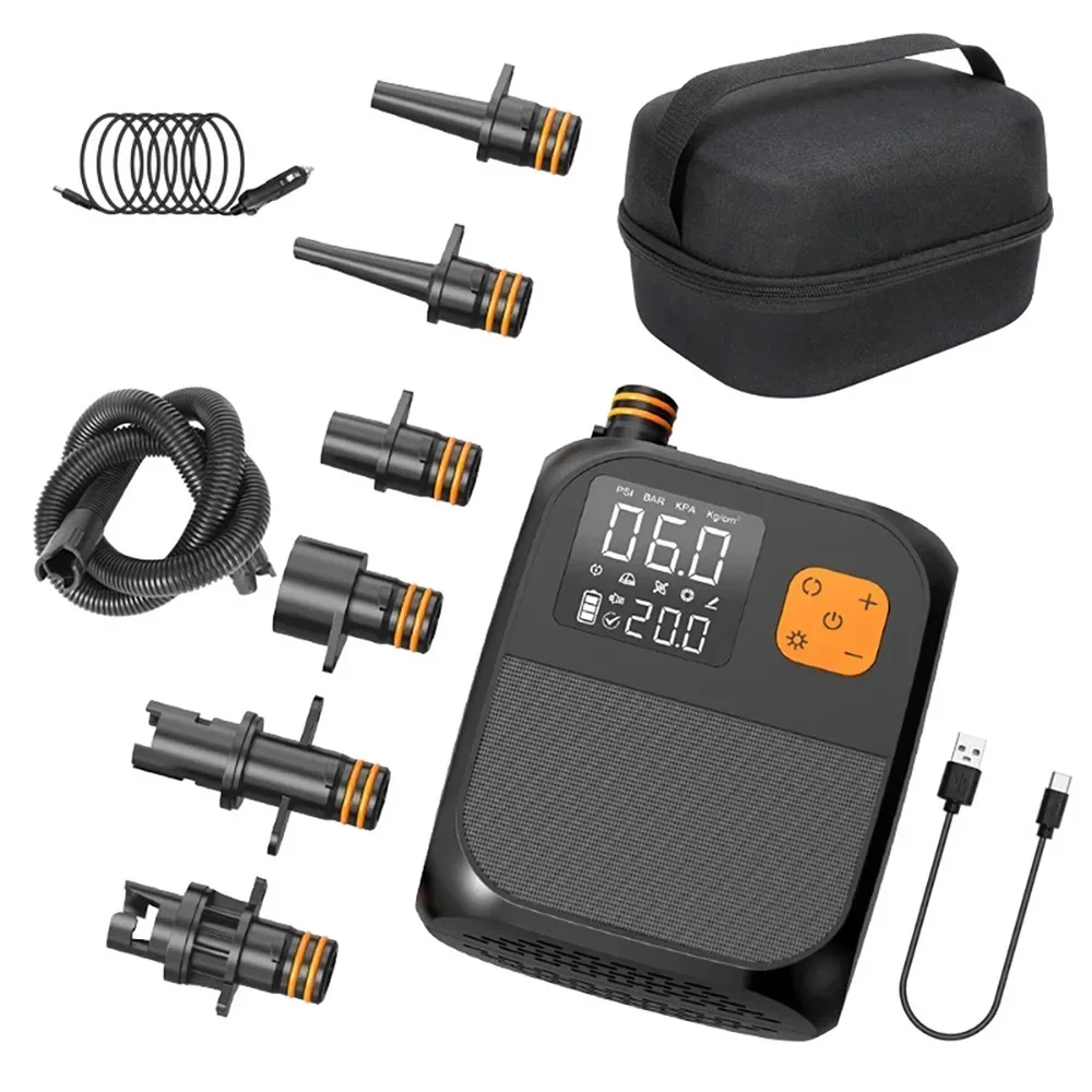 Luchtpomp - Luchtcompressor - Elektrische Fietspomp - Draagbare Digitale Elektrische Luchtpomp - 80W - Oplaadbare 8000mAh Batterij - LED Verlichting, Voor Opblaasmaterialen - Zwart - QUORE