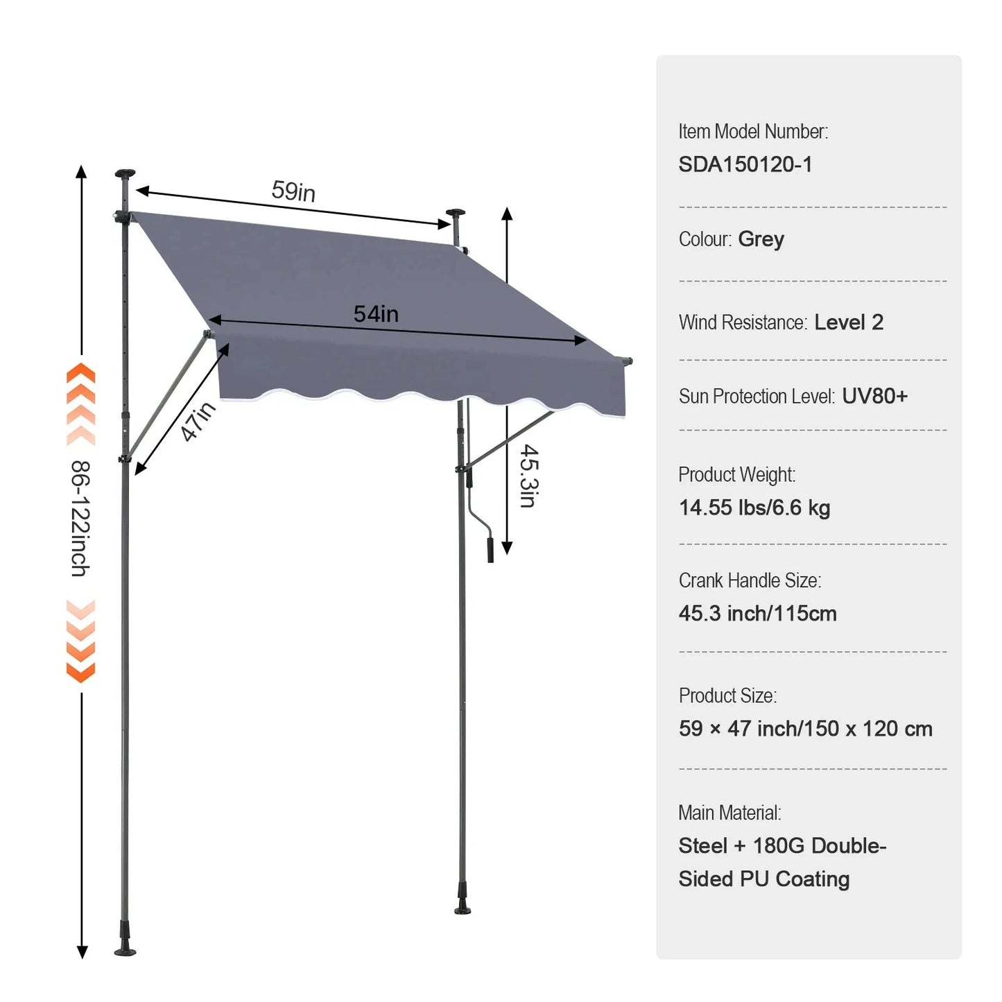 Klemluifel - Balkonluifel - Zonneluifel - Terras-luifel - Waterdicht UV80+ Bescherming - Aluminium Frame - Handzwengel - Buiten - 59x47inch - voor Balkon - Tuin - en Terras - QUORE