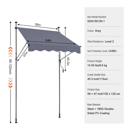 Klemluifel - Balkonluifel - Zonneluifel - Terras-luifel - Waterdicht UV80+ Bescherming - Aluminium Frame - Handzwengel - Buiten - 59x47inch - voor Balkon - Tuin - en Terras - QUORE