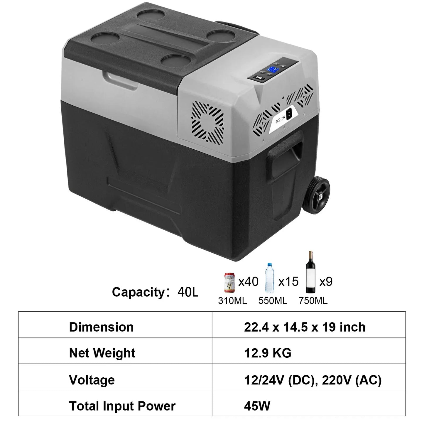 Mini Koelkast - Camping Koelkast - Auto Koelkast - 12V/24V 110-240V - Compressor Koelbox - Minikoelkast Eten & Drinken - 40L - QUORE