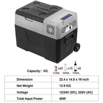 Mini Koelkast - Camping Koelkast - Auto Koelkast - 12V/24V 110-240V - Compressor Koelbox - Minikoelkast Eten & Drinken - 40L - QUORE