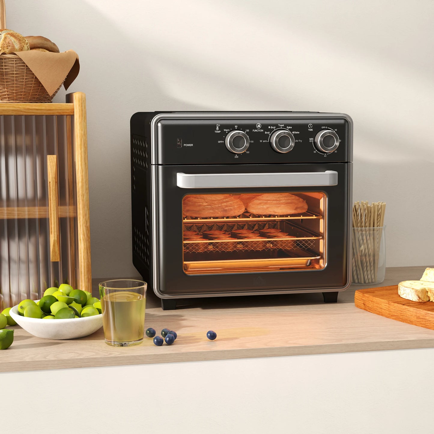 Mini Oven with Air circulation 20L Mini oven, 90°C-230°C hot air skillet, 5 modes, French fry basket, 1400W, metal