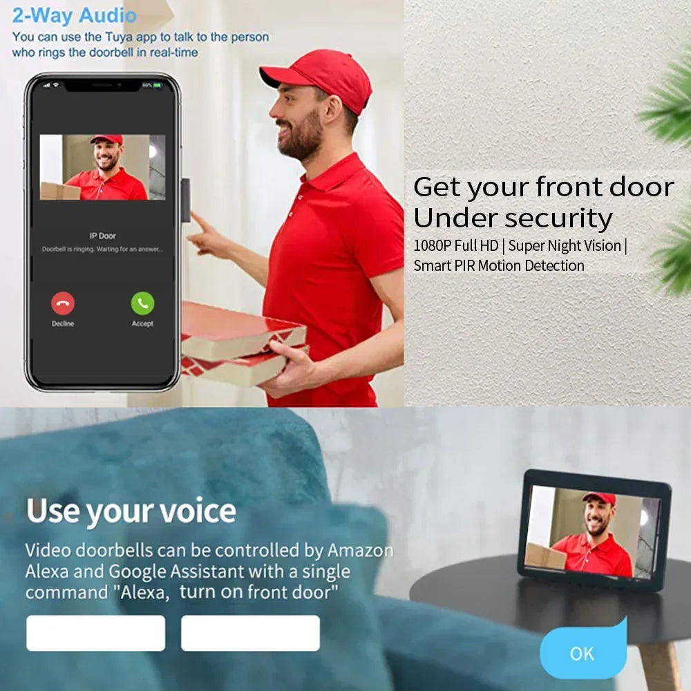 Video Deurbel – Slimme Deurbel – Video Intercom – Deurbel Met Camera – Draadloze Deurbel – 7 Inch Touchscreen – IP44 Waterbestendig