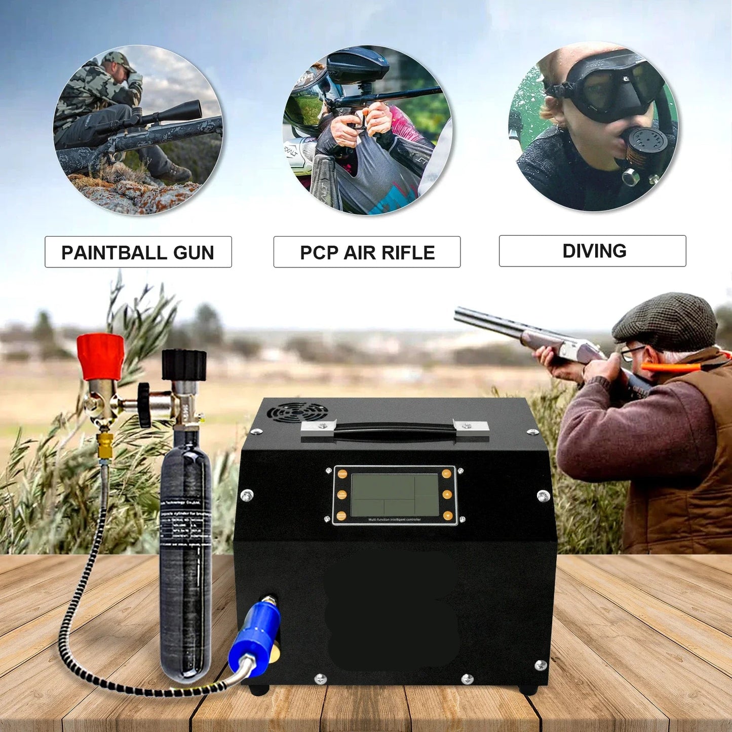 Luchtcompressor - Compressor - Luchtpomp - Airpress Compressor - 4500Psi - 300bar - PCP - LCD Display & Digitale Besturing - Ingebouwde Voedingsadapter - Geschikt voor Luchtgeweren en Scuba Duiken - 220V