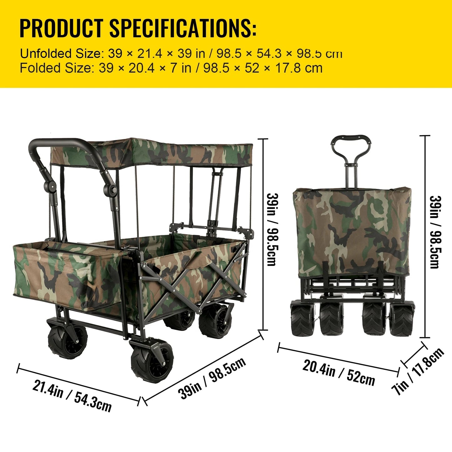 Tuinkar – Opvouwbare - met Dak - Boodschappen - Transport - Wagen - Strand - Bolder - All-Terrain Wielen - Zonbescherming - Heavy-duty - Draagbare - 100kg - Camouflage