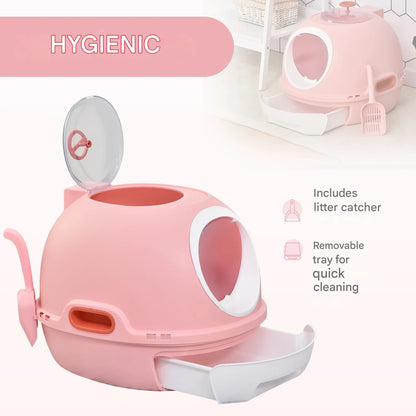 Kattenbak - Kattentoilet - Kattenbakvulling - met Uitneembare Lade - Scooper - Transparante Entree - Daklicht - ABS - 47 x 55 x 44 cm - Roze