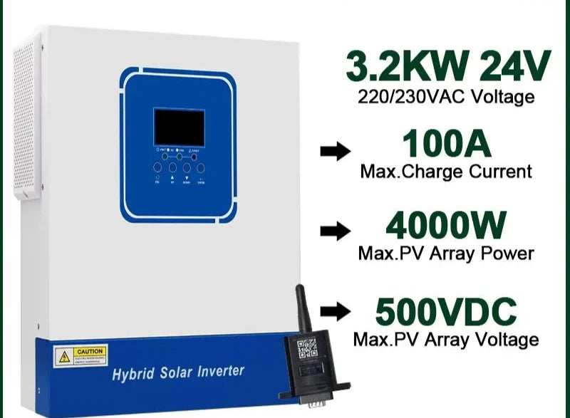 Zonne-omvormer – Solar Hybride Omvormer – MPPT Laadregelaar – Zuivere Sinusgolf Inverter – WiFi Monitor – 3.2KW Capaciteit – Breed 60-500V DC Ingangsspanning