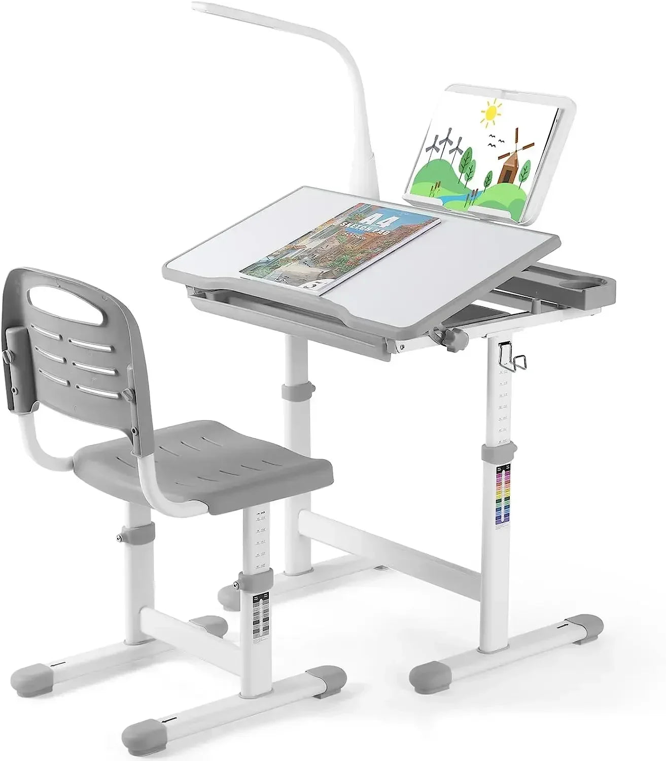 Ergonomisch Kinderbureau – Kinderbureau Met Stoel – Verstelbaar Bureau – LED Leeslamp – Kantelbaar Tafelblad – Met Opberglade