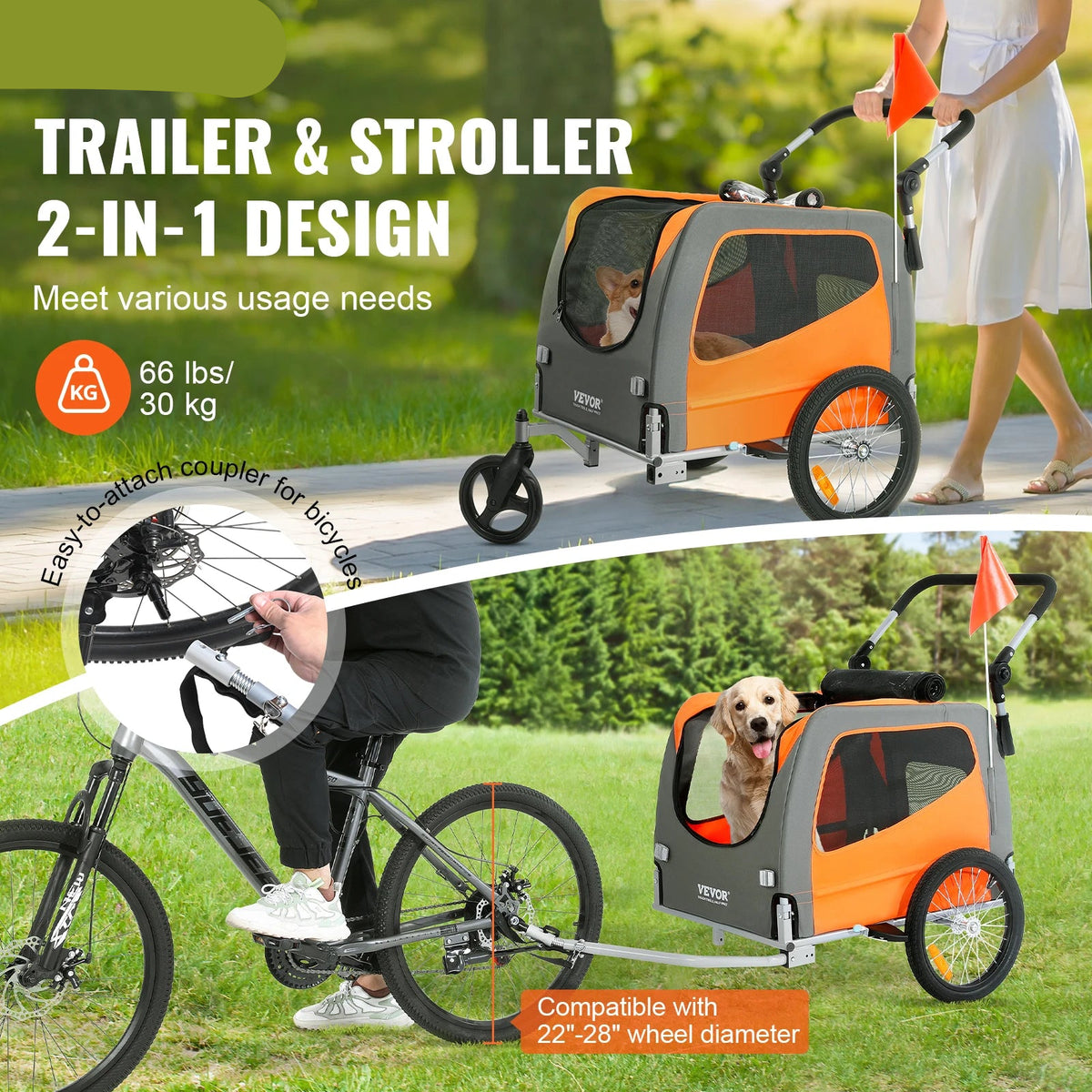 Bike Trailer - Bike Trailers - Dog Bike Trailer - Bike Trailer Luggage - Foldable Dog Bike Trailer - Foldable Dog Bike Trailer - 66lbs - 2-in-1 Pet Stroller - with Wheels Universal Coupling for Dogs Cats