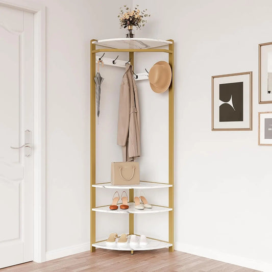 Hoekkapstok met Schoenenbank en 6 Haken - Multifunctioneel Kledingrek - Stabiel en Ruimtebesparend - Opbergruimte met Plank - Industrieel Modern - 50 x 50 x 181 cm - Goud - QUORE