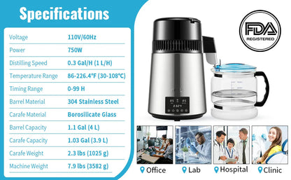 Water Distiller - Distillation Apparatus - Water Purifier - 1L Capacity - Fast Water Purification - Adjustable - Temperature - Timer - Stainless Steel Housing - Silver