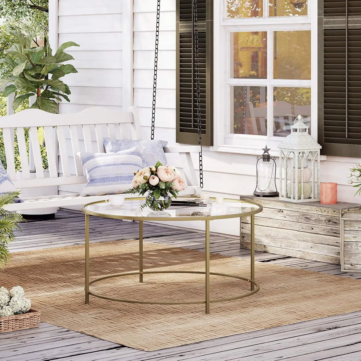 Ronde Salontafel - Glazen Tafelblad met Gouden IJzeren Frame - Robuuste Koffietafel - Modern Retro Design - Woonkamer Accessoire - Goud - QUORE