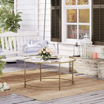 Ronde Salontafel - Glazen Tafelblad met Gouden IJzeren Frame - Robuuste Koffietafel - Modern Retro Design - Woonkamer Accessoire - Goud - QUORE