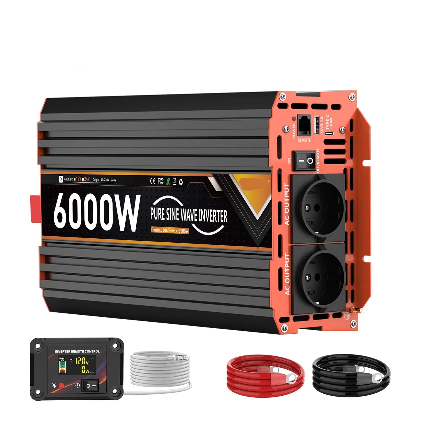 Zuivere Sinusomvormer – 6000W Omvormer – 12V - DC Naar AC Converter – Stabiele Stroom – Aluminiumbehuizing – Beveiligd Tegen Kortsluiting