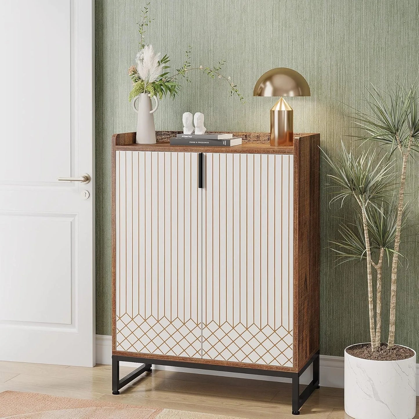 Schoenenkast – Schoenenopslag – Schoenenrek – Schoenenmeubel – Organizer – Vijf Ruime Compartimenten – MDF Metalen Accenten - 75 x 35 x 105 cm - Bruin