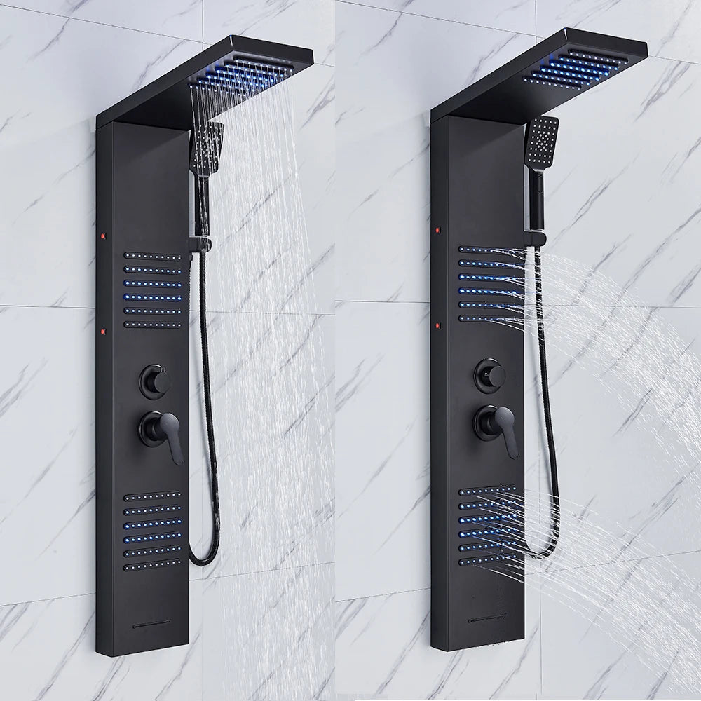 Douche - Regendouche - Douchewand - Douchekolom - Douchepanelen - Mat Zwarte LED Douchezuil - Waterval & Regendouche - Massagejets - Dubbele Bediening - Zwart - QUORE