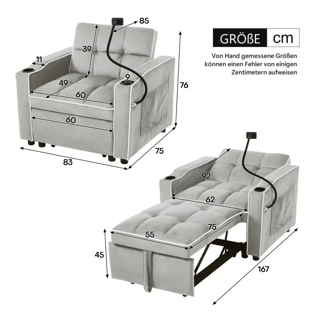 Bankbed – Slaapbank – Sofa Bed – Uittrekbare Loungestoel – 3-in-1 Multifunctioneel – Verstelbare Rugleuning – Beige Velvet