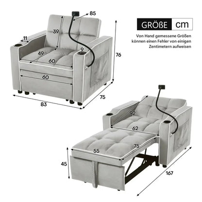 Slaapbank – Slaapstoel – 3-in-1 Bank – Loungebank – Uitschuifbaar Bed – Compact Formaat – Zachte Fluwelen Bekleding