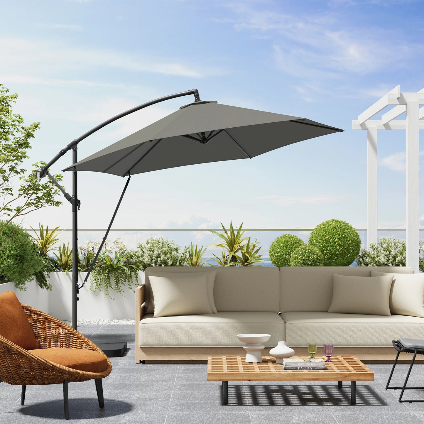 Parasol - Zweefparasols - Tuinparasol - Balkonparasol - Recht Kantelbaar - UV-bestendig - Duurzaam - Waterdicht - voor  Buiten - Tuin - Terrastafel - Rond - Polyester -310 x 310 cm - Donkergrijs
