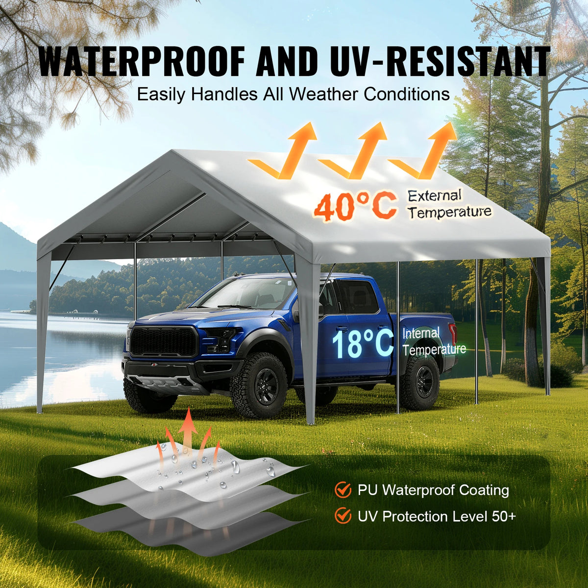 Tent - Carport Replacement Canopy Cover - Garage Top Tent - Shelter Tarp - Heavy-Duty - 10x20ft - Waterdicht & UV-beschermd - Frame Niet Inbegrepen - Wit - QUORE