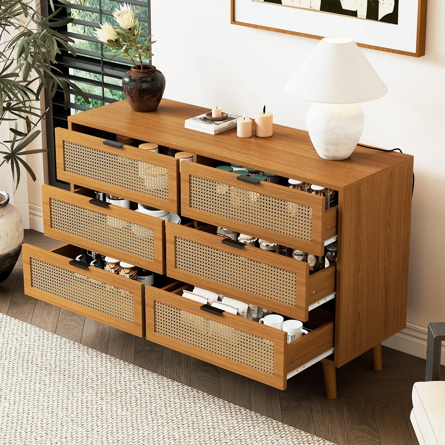 Ladekast – Opberger – Kast – Bergmeubel – Dressoir – 6 Ruime Lades – Walnotenkleur – Massief Houten Poten - QUORE