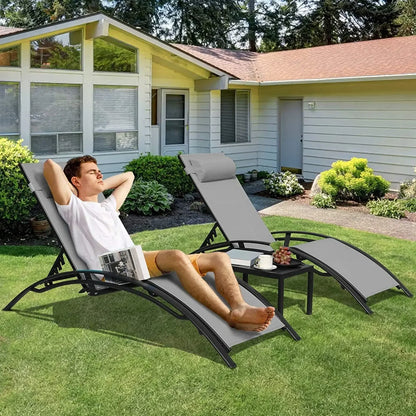 3-Delige Verstelbare Loungestoelset – Ligstoel – Tuinstoel – Relaxstoel – Buitenstoel – Aluminium Frame – Ademend Textilene - QUORE