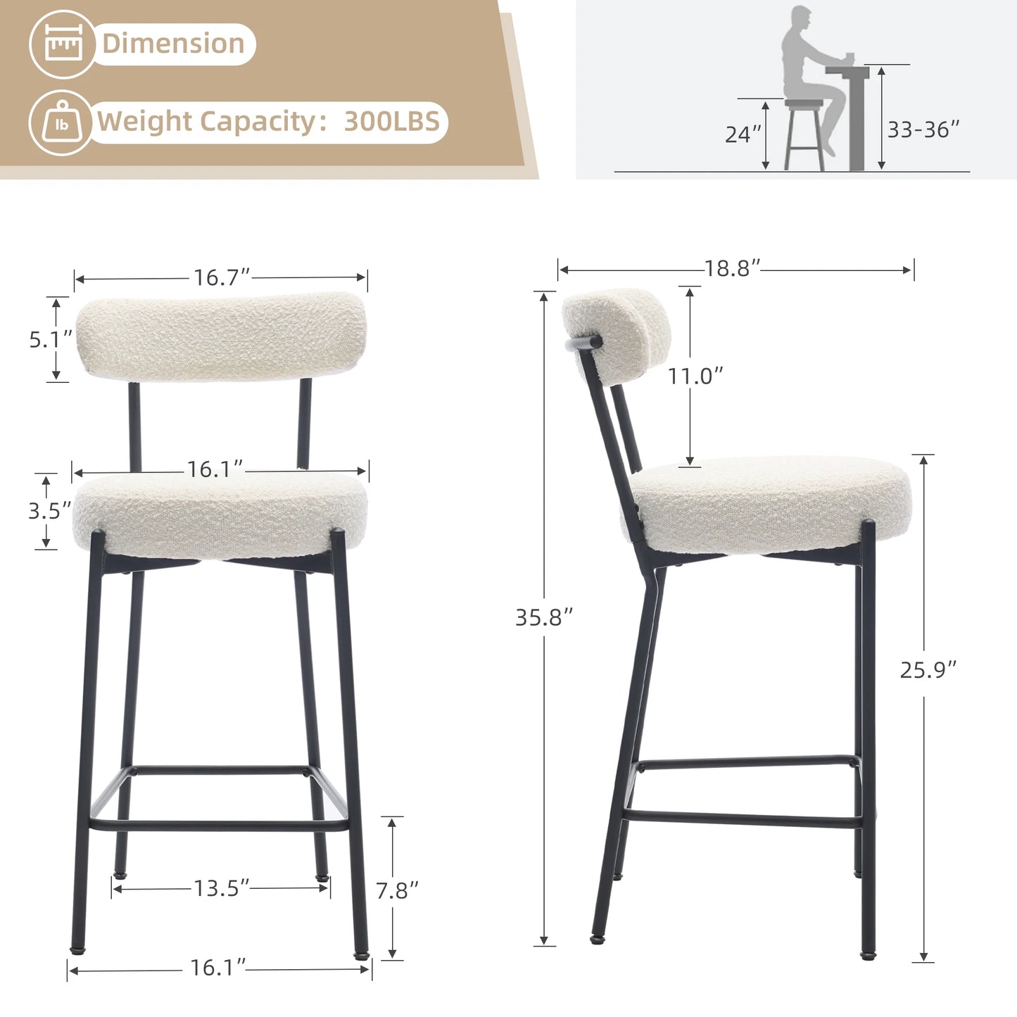 Wpond 27" Boucle Bar Stools Set of 2, Boucle Counter Stools with Back for 2 People, Modern Metal Tall Bar Stools, Upholstered Co - QUORE