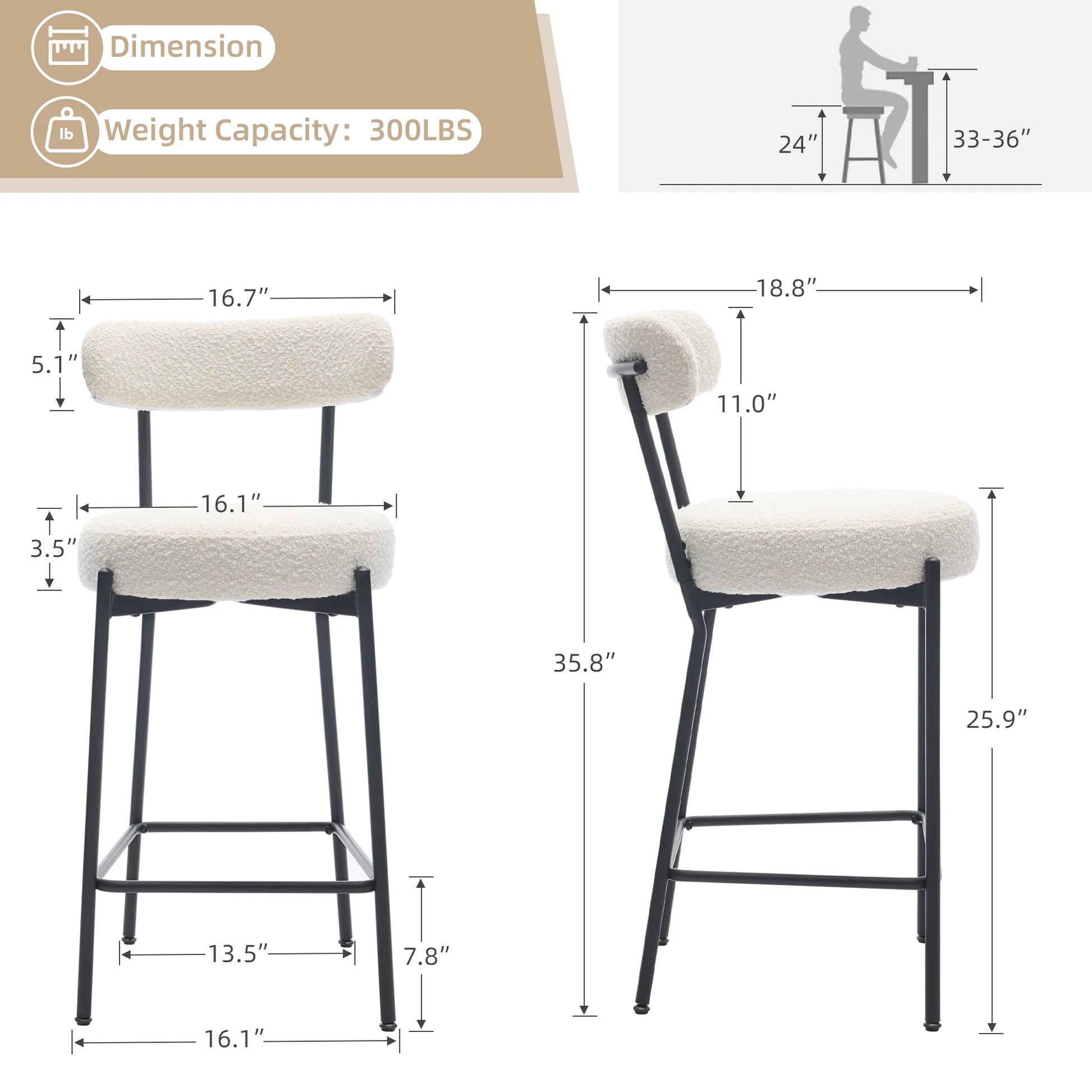 Wpond 27" Boucle Bar Stools Set of 2, Boucle Counter Stools with Back for 2 People, Modern Metal Tall Bar Stools, Upholstered Co - QUORE