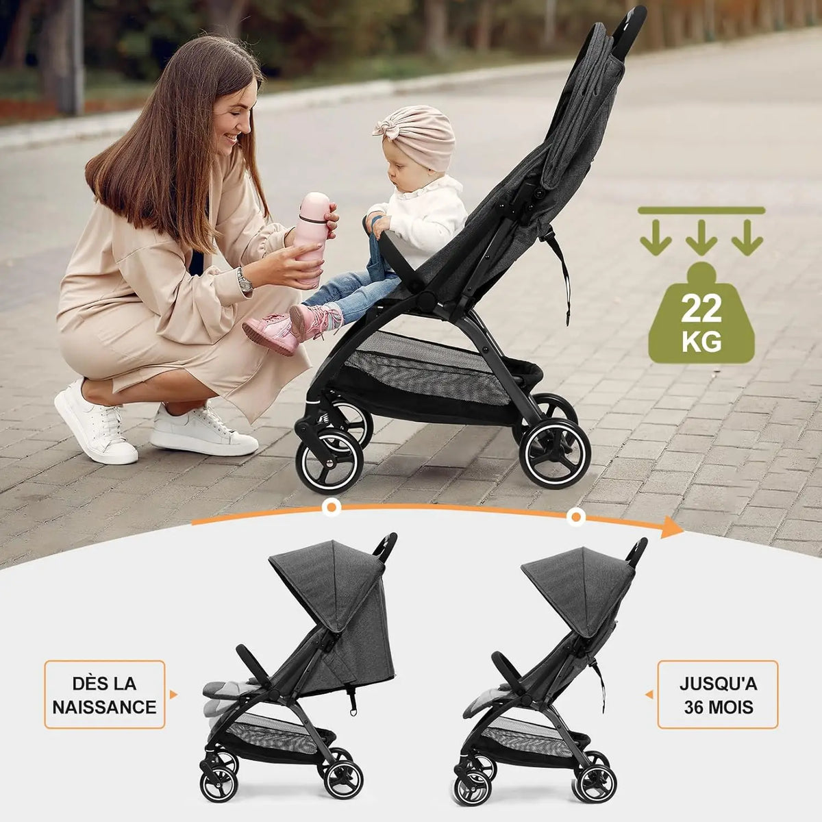 kinderwagen - Jogging buggy - Runner - Lichtgewicht kinderwagen - Baby kinderwagen - Kinderwagen - Automatisch zelf opvouwbaar - Reiskinderwagen voor vliegtuig - Opvouwbaar met één hand - Kinderwagen voor peuters - Grijs