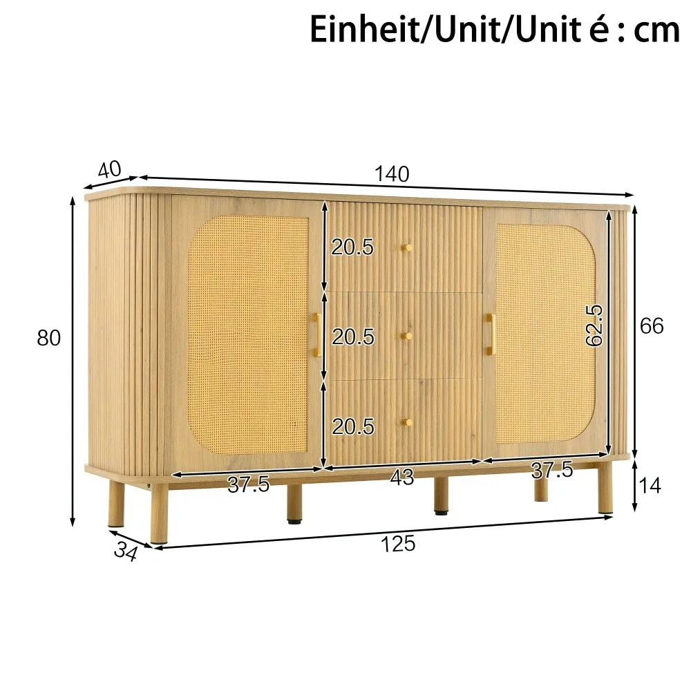 Dressoir – Tv Meubel – Kast – Opbergkast – Wandmeubel – Modern Design Met Rattan Deuren – Met Kabeldoorvoer En Robuuste Metalen Poten