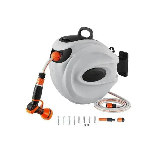 Wandslangenbox - Wandslanghaspel - Slanghouder - Tuinslang - Muur Gemonteerd - Automatisch Oprolsysteem - 180° Intrekbare Beugel - met 9 Patronen - Mondstuk - 3 Snel - 20m - Wit