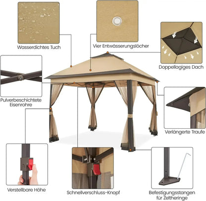 Tuinpaviljoen – Tuinoverkapping – Partytent – Schaduwdoek – Moskitonet – Waterdicht Polyester – Verstelbare Hoogte Tot 291 Cm