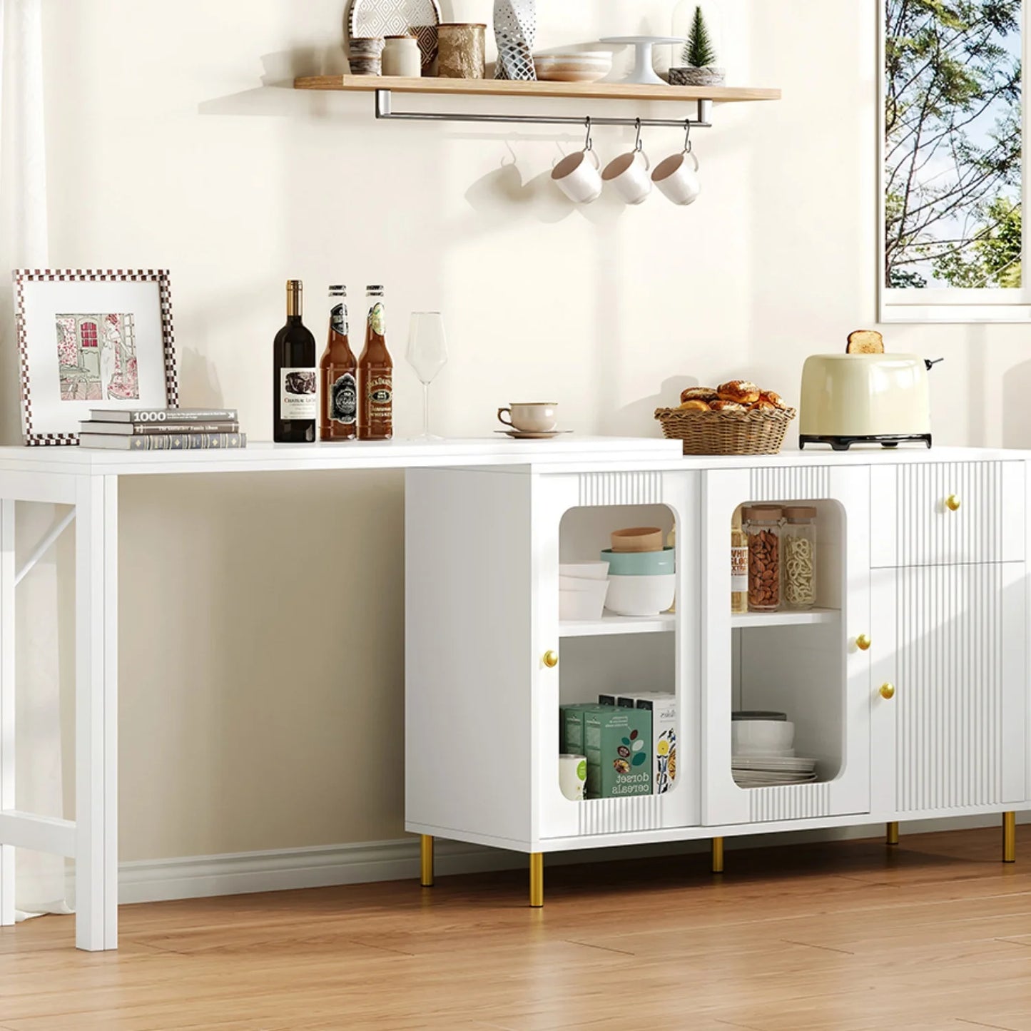 White Buffet Sideboard With Foldable And Pull-Out Table Top, Rotatable Surface, Glass Sliding Doors For Dining Room And Kitchen