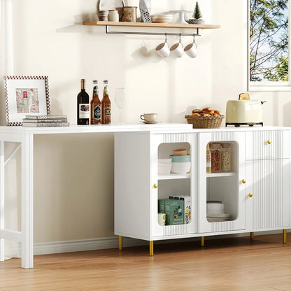 White Buffet Sideboard With Foldable And Pull-Out Table Top, Rotatable Surface, Glass Sliding Doors For Dining Room And Kitchen