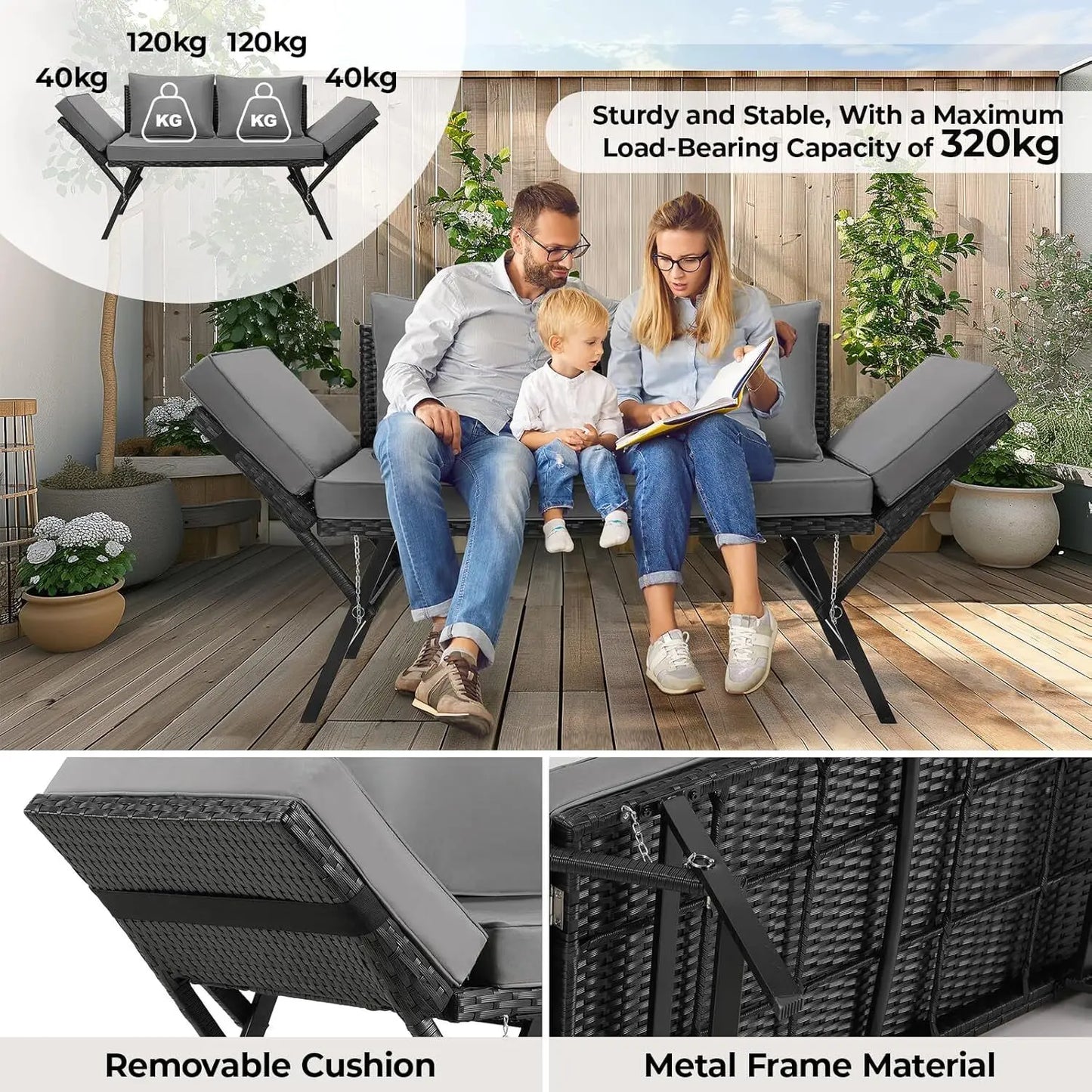 Tuinbank Polyrattan 3-zits – Loungeset – Buitenbank – Ligbank – Balkonbank – Verstelbare Armleuningen – Weerbestendig Zwart Polyrattan - QUORE