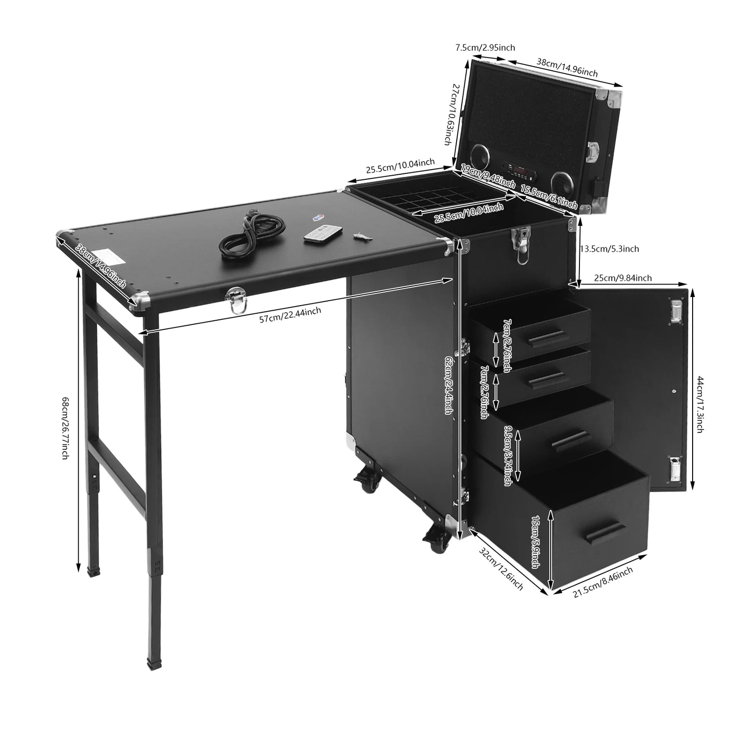 Manicure Tafel – Nageltafel – Nagelsalon Tafel – Draagbare Nageltafel – Opvouwbare Manicuretafel Zwart – Aluminium & ABS Materiaal – 4 Lades Met Remmende Wielen - QUORE