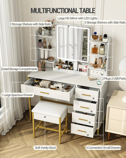 Make-up Tafel – Kaptafel – Schminktisch – Toelettafel – Dressing Table – Met LED-Verlichting en HD Spiegel – 108x40x140 cm – MDF Wit met 5 Lades en USB-stopcontact