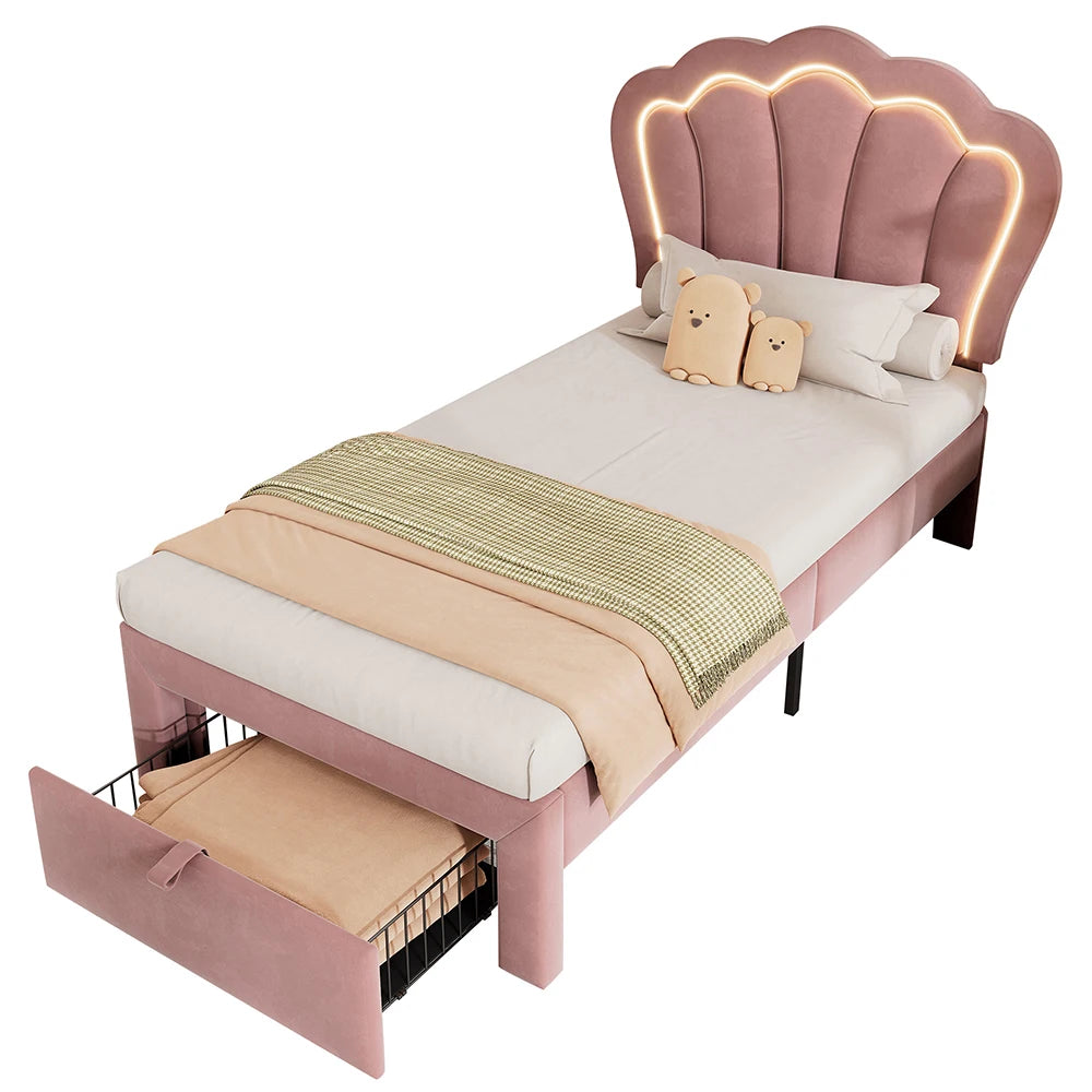 Kinderbed – Eenpersoonsbed – Bed met Opbergruimte – Kinderbed Frame – Led Bed – 90x190 cm Roze – Verstelbare Hoofdsteun – RGB LED-verlichting Bediening via App