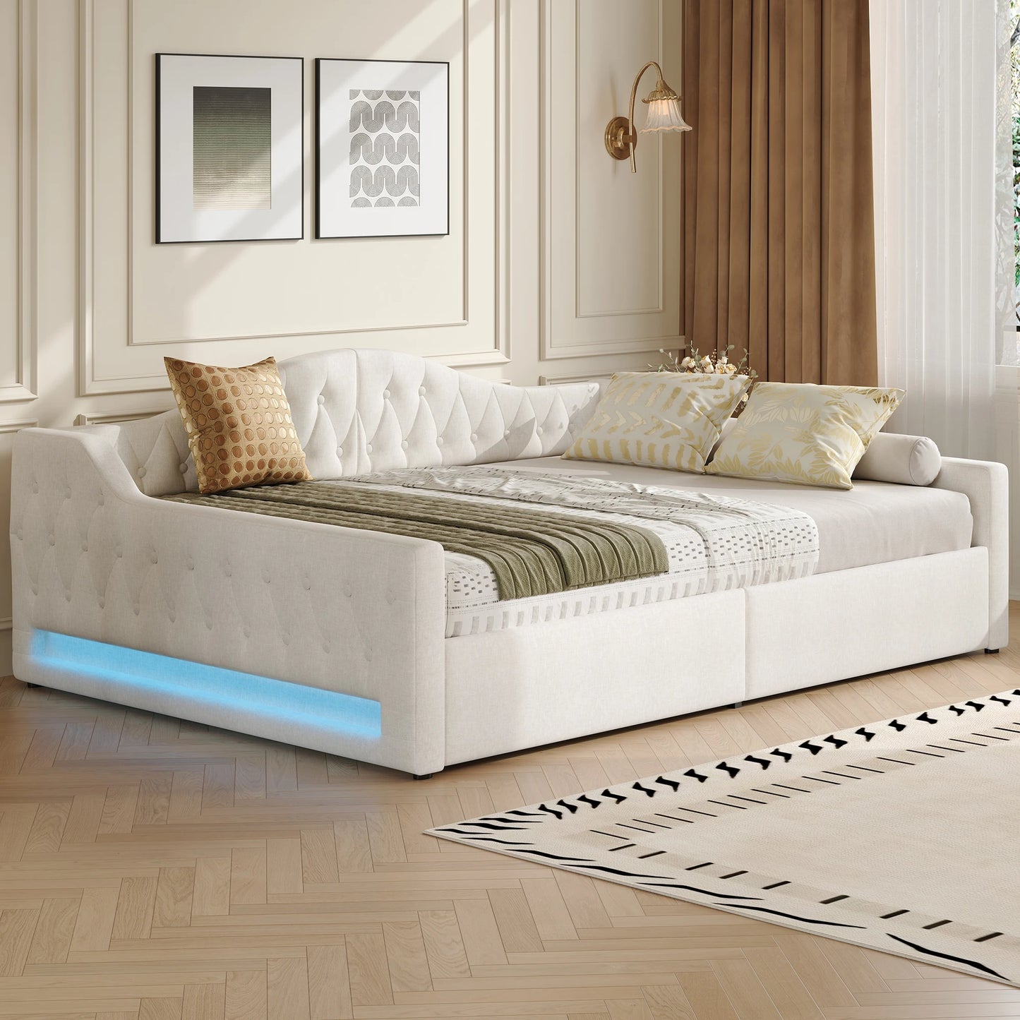 Eenpersoonsbed – Bedframe – Eenpersoonsbed Met Opberglade – Slaapbed – Kinderbed – 140x200 CM – Linnen Bekleding – Verstelbare 7-Kleurige Led-Verlichting