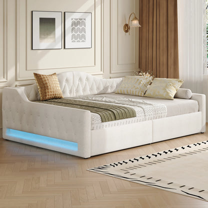 Eenpersoonsbed – Bedframe – Eenpersoonsbed Met Opberglade – Slaapbed – Kinderbed – 140x200 CM – Linnen Bekleding – Verstelbare 7-Kleurige Led-Verlichting