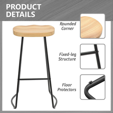 Barkruk - Barstoel - Kruk - Barstoelen - Keukenstoel - Set van 2 Barkrukken - Massief houten eetkamerstoelen - met vaste metalen basis - moderne meubels voor bar en huis - Natuurlijk/Zwart