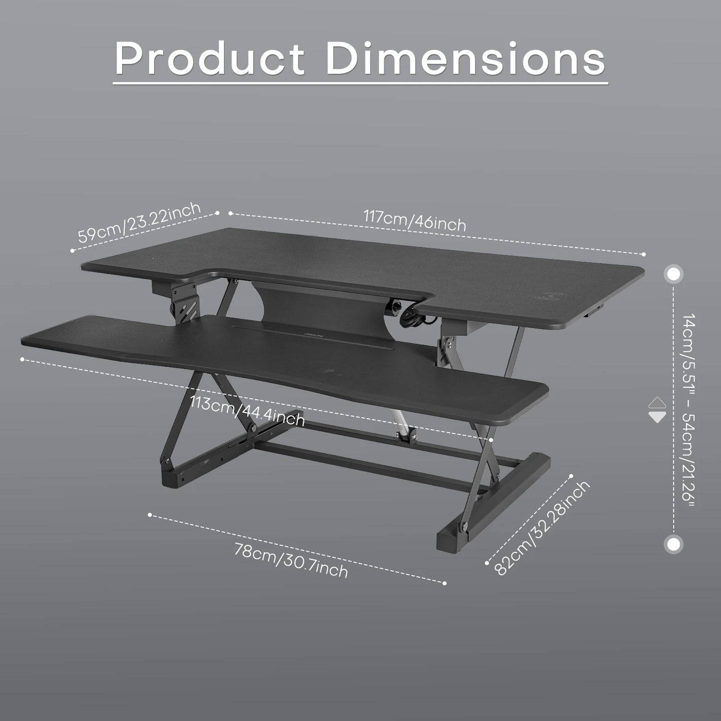 Zit-Sta Bureauverhoger – Zit-Sta Converter – Verstelbaar Bureau – Ergonomisch Bureau – Motorisch Verstelbaar – 46 Inch Werkblad – Maximaal 136 Kg Draagkracht - QUORE
