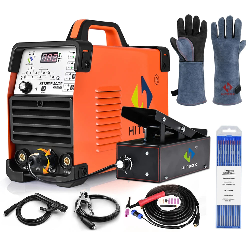 HitBox - HBT250P - Elektrisch lasapparaat - 3 in 1 - Aluminium Tig-lasmachine - ARC-kracht 2T-4T - met voetpedaal - Oranje