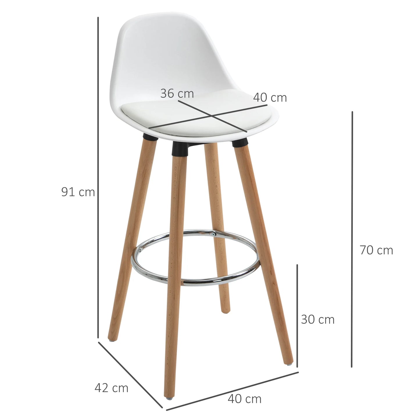 Barkrukken – Set van 2 – Keukenkrukken – Barstoelen – Gepolsterd – Massief Beukenhout – Met Voetsteun - 40 x 42 x 91 cm - Wit