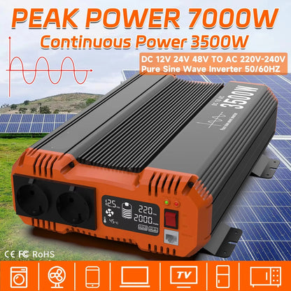 Omvormer 12V Naar 220V – Pure Sinusgolf Omvormer – Spanning Omzetter – Camping Stroomvoorziening – 3000W Continu Vermogen – LCD-Display