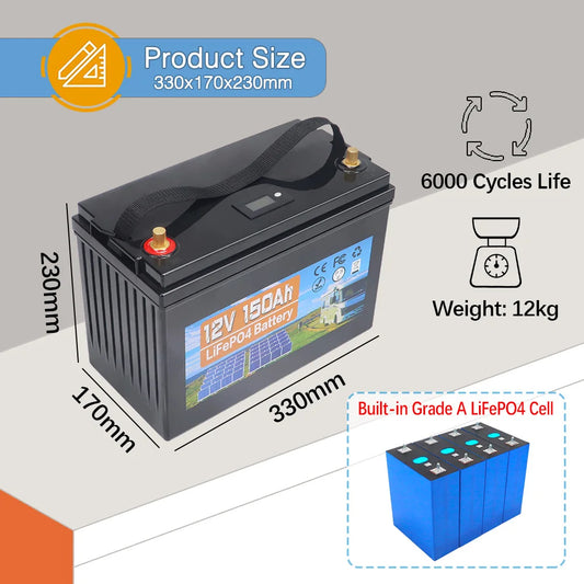 12V 150AH LiFePO4 Accu – Lithium Accu – Camper Accu – Boot Accu – Solar Accu – Ingebouwd BMS – 6000 Laadcycli