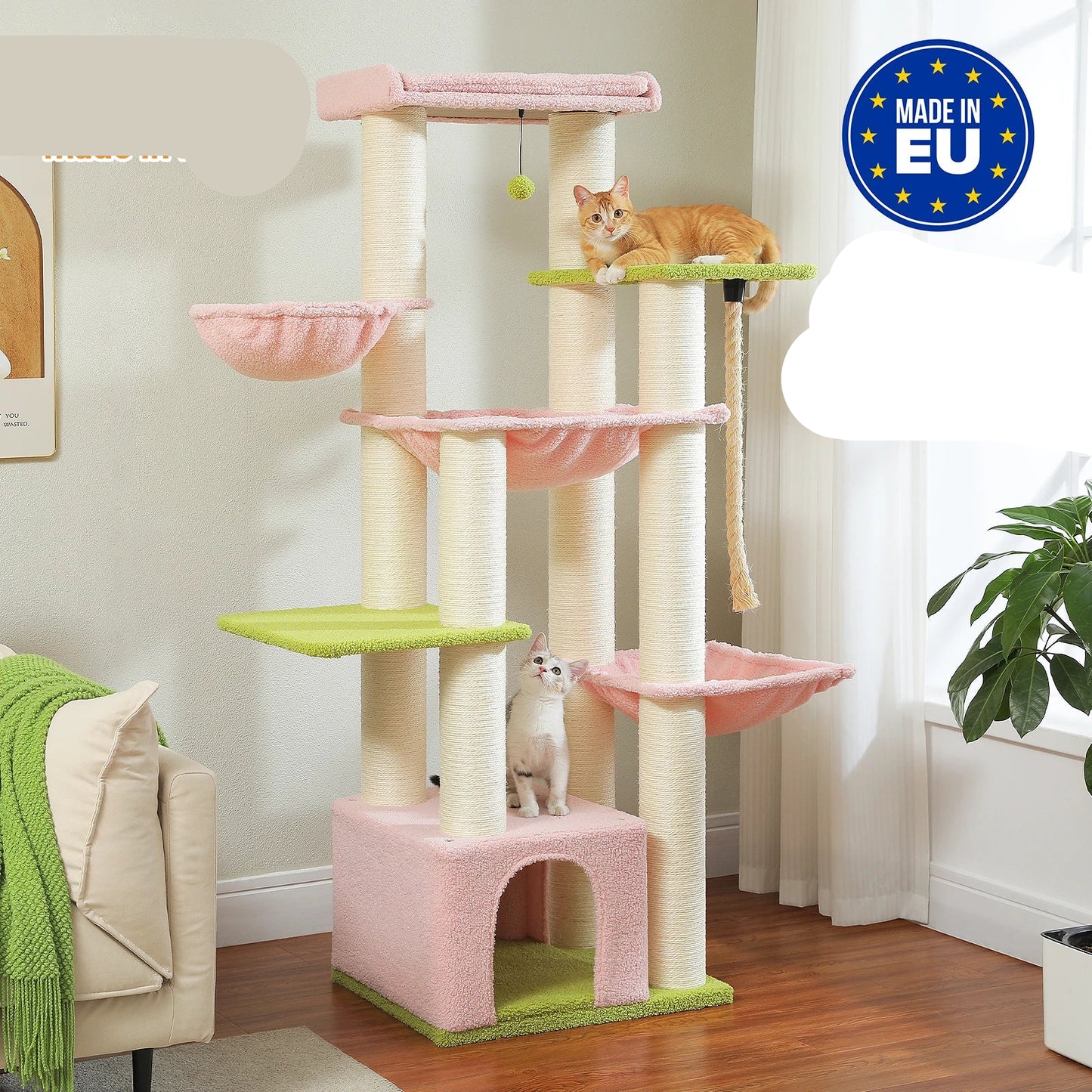 Kattenboom - voor Grote Binnenkatten – Krabpaal - Hoog Kattenmeubel - met Sisal Krabpalen - Condo Hangmat - Meerdere Verdiepingen – Arbre a Chat - met Pluche Perch Speelbal - 170cm - Roze