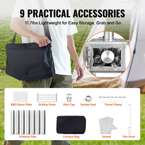 Wood Stove - Stove - Tent Stove - Rocket Stove - Camping Stove - Stainless Steel - with Chimney Pipes &amp; Gloves 700in³Firebox